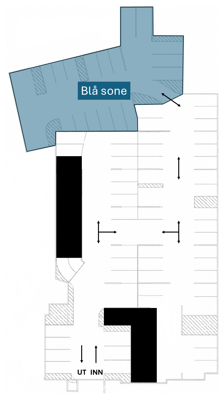 Plantegning av parkeringsanlegget som viser Blå sone innerst